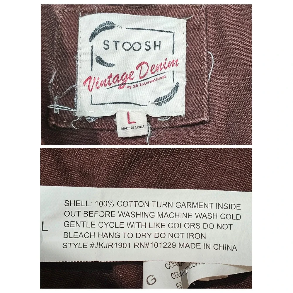 Stoosh Patchwork Denim Jacket Women Sz‎ L Brown Cropped Scout Patches Streetwear